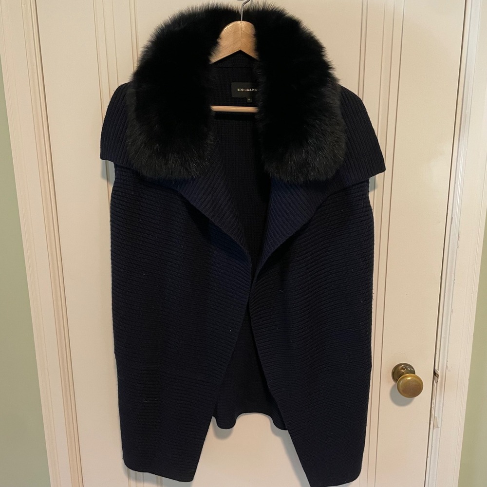 Kobi Halperin Merino Wool Fox Fur Collar Sweater Vest Small Navy Blue